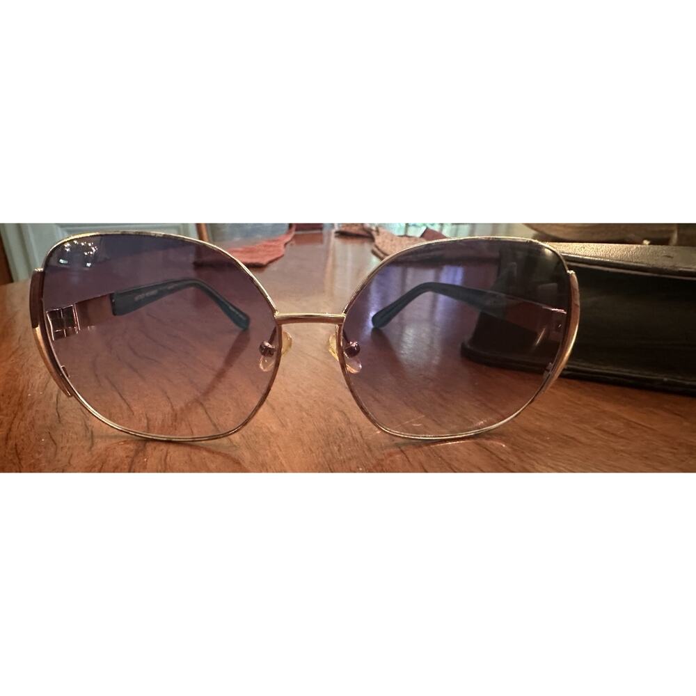 Linda Farrow Vintage Oversized Gold Frame Purple Gradient Sunglasses w/ Case